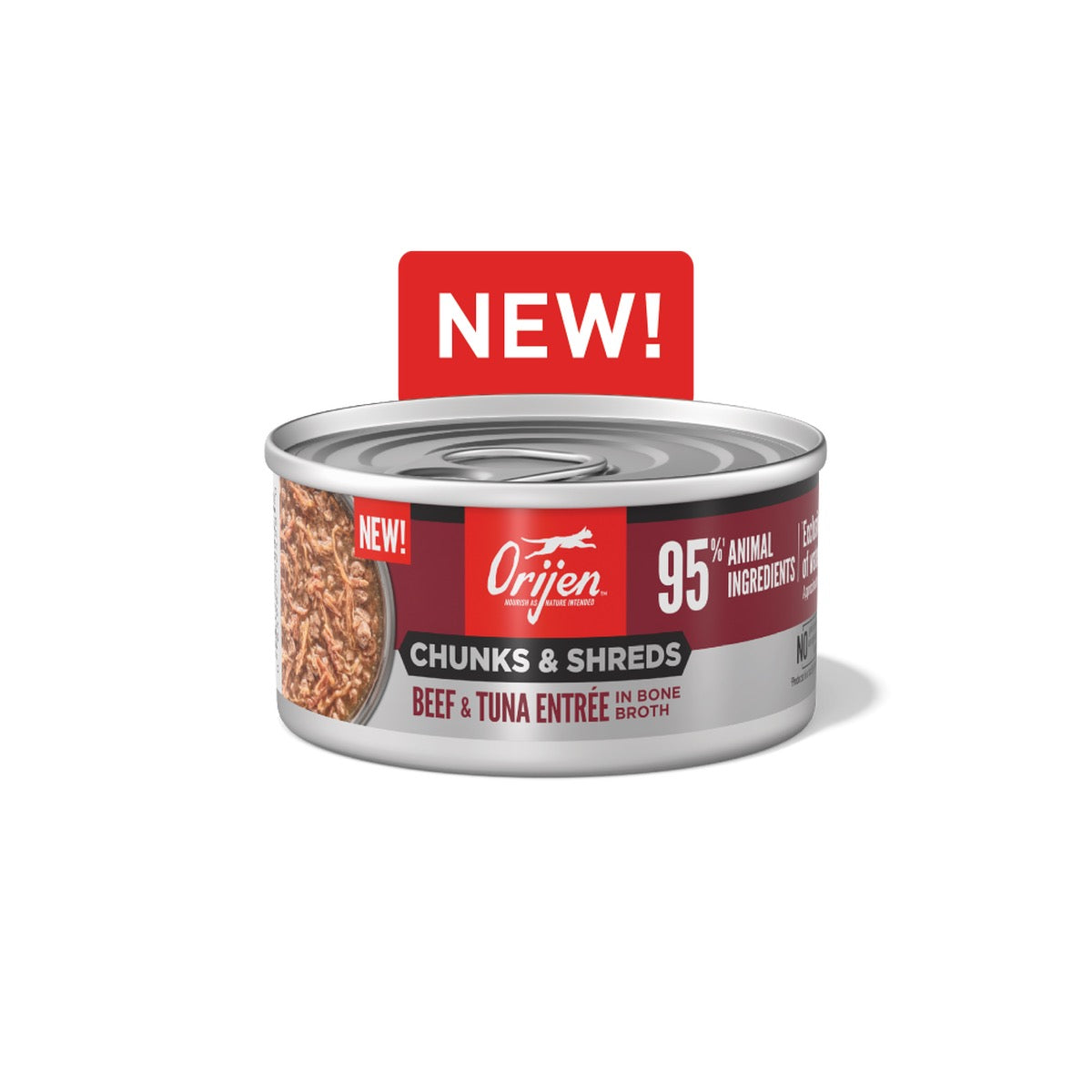 Orijen Chunks & Shreds Beef & Tuna wet cat food can, 3oz