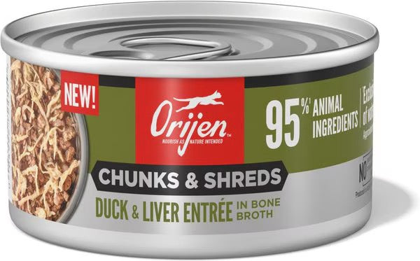 Orijen Chunks & Shreds Duck & Liver wet cat food can, 3oz