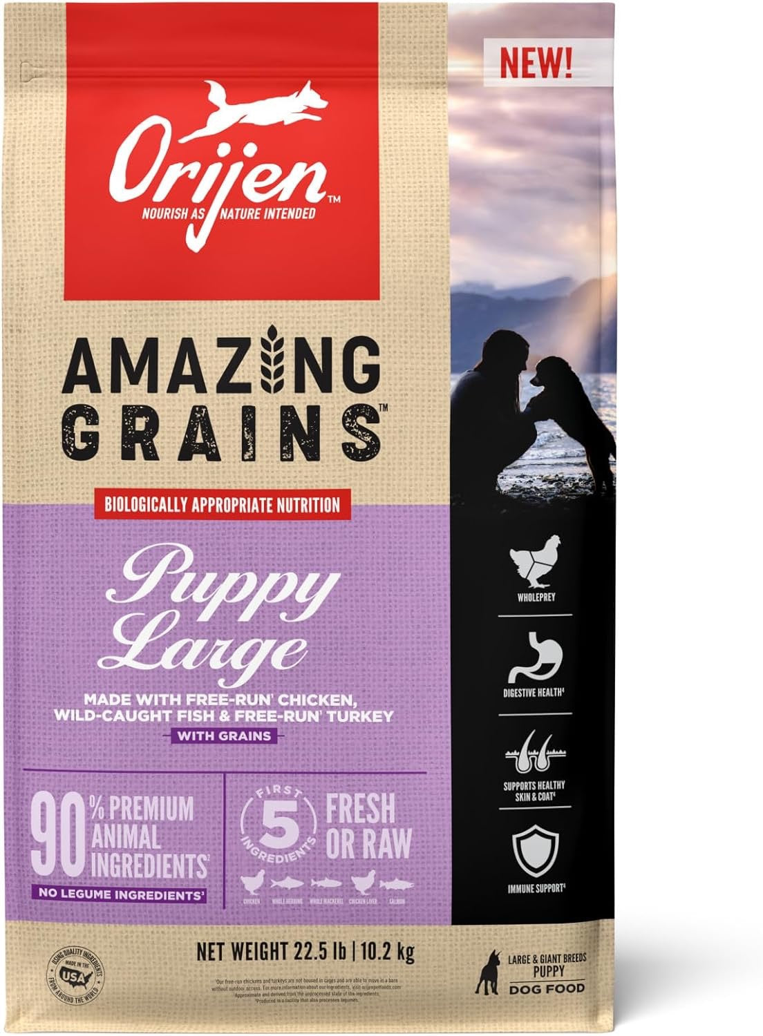 22.5lb bag of Orijen Amazing Grains Puppy Large Breed dry dog food