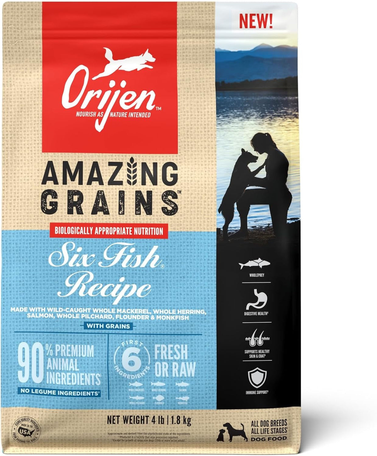 Bag of Orijen Amazing Grains Six Fish dry dog food