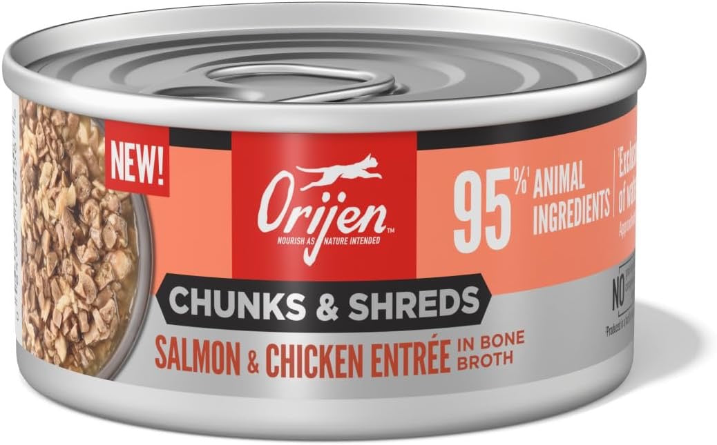Orijen Chunks & Shreds Salmon & Chicken wet cat food can, 3oz