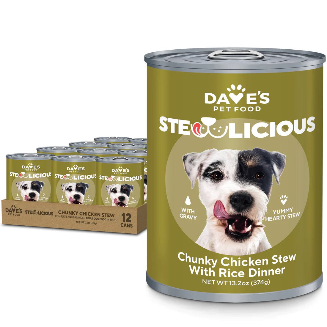 Dave's Stewlicious Chunky Chicken & Rice canned dog food, 13.2 oz can