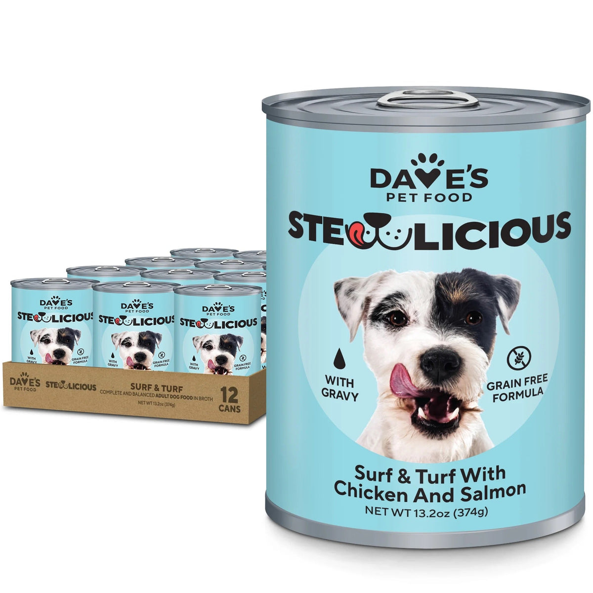 Dave's Stewlicious Surf & Turf with Chicken & Salmon canned dog food, 13.2 oz can