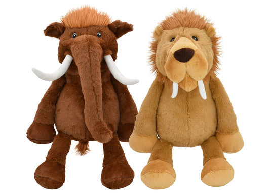 Multipet Jumbo Mammoth and Sabertooth Tiger plush dog toys, 14 inches each, two pack