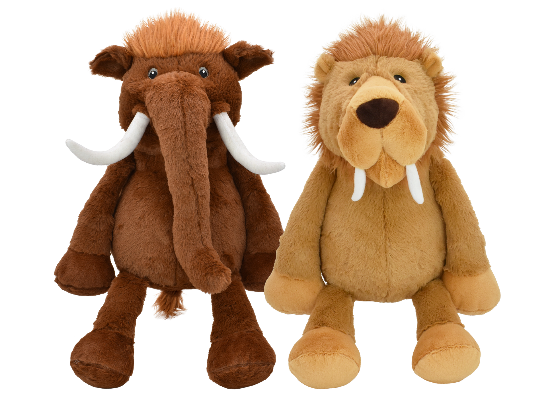 Multipet Jumbo Mammoth and Sabertooth Tiger plush dog toys, 14 inches each, two pack