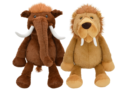 Multipet Jumbo Mammoth and Sabertooth Tiger plush dog toys, 14 inches each, two pack