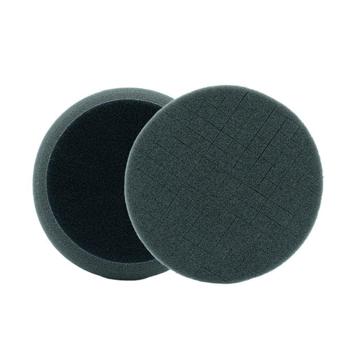 3D 5.5 inch black foam finishing pad, face and back shown, with a cross cut face