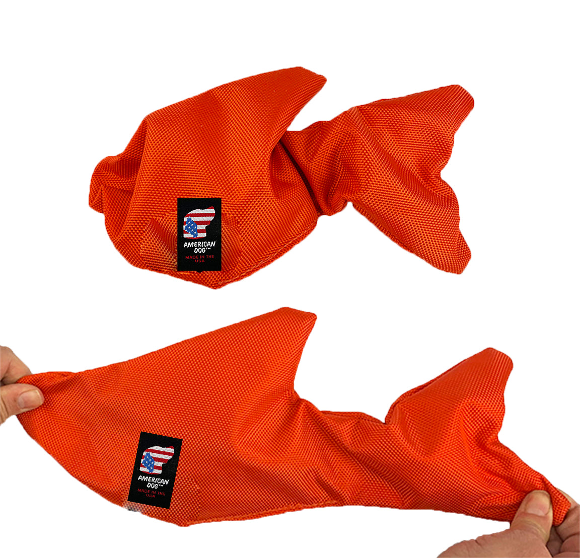 Fish Bungee Tug dog toy by American Dog in 1680 ballistic fabric shaped like a fish with a stretchy bungee middle