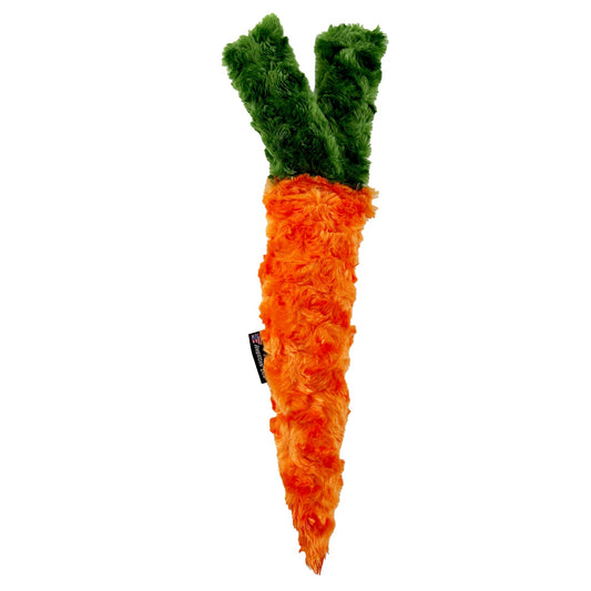 Carrot Plushie dog toy by American Dog, a 15 inch carrot shape sewn from super soft minky fleece