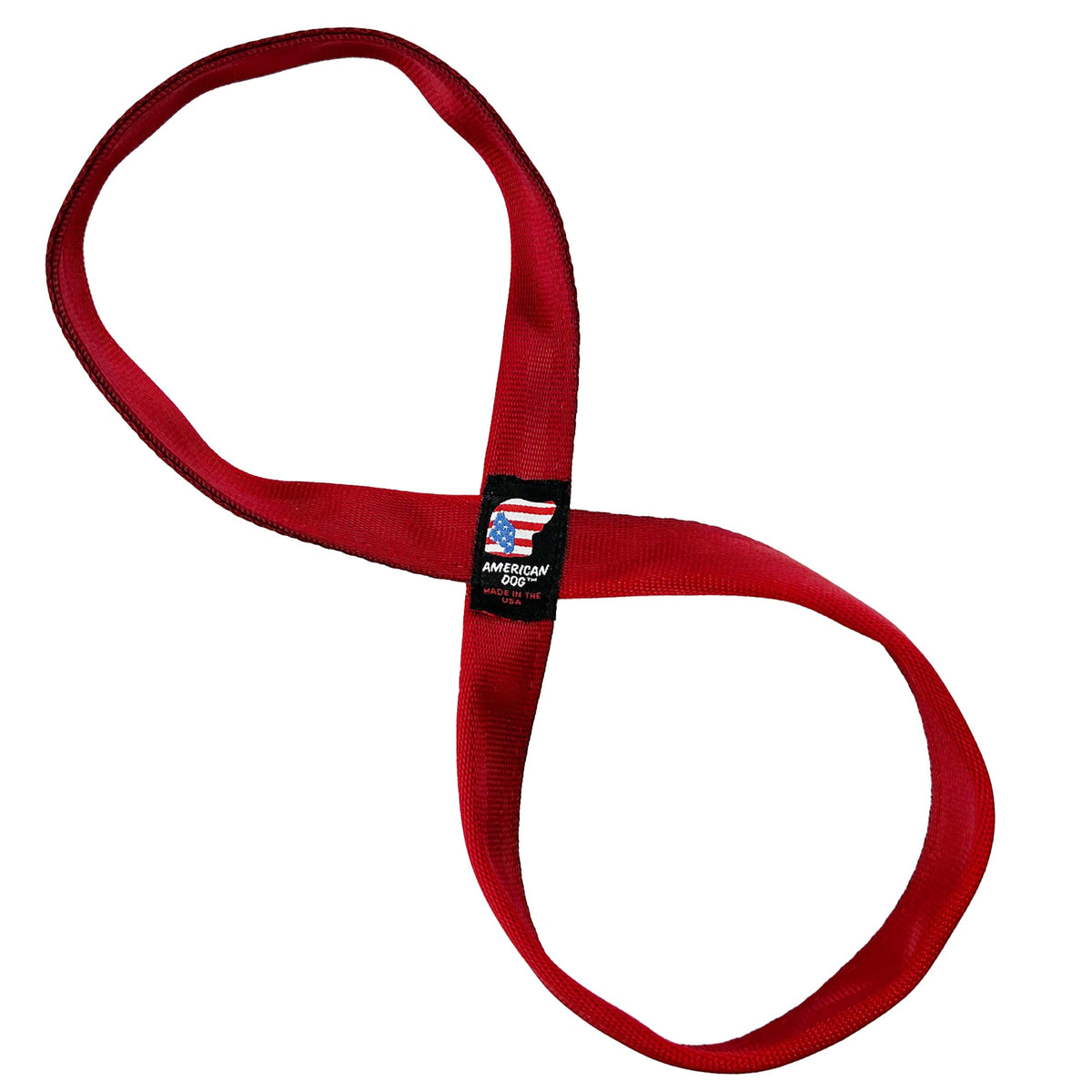 Figure 8 Seatbelt Tug dog toy by American Dog in red seatbelt webbing formed into two joined loops