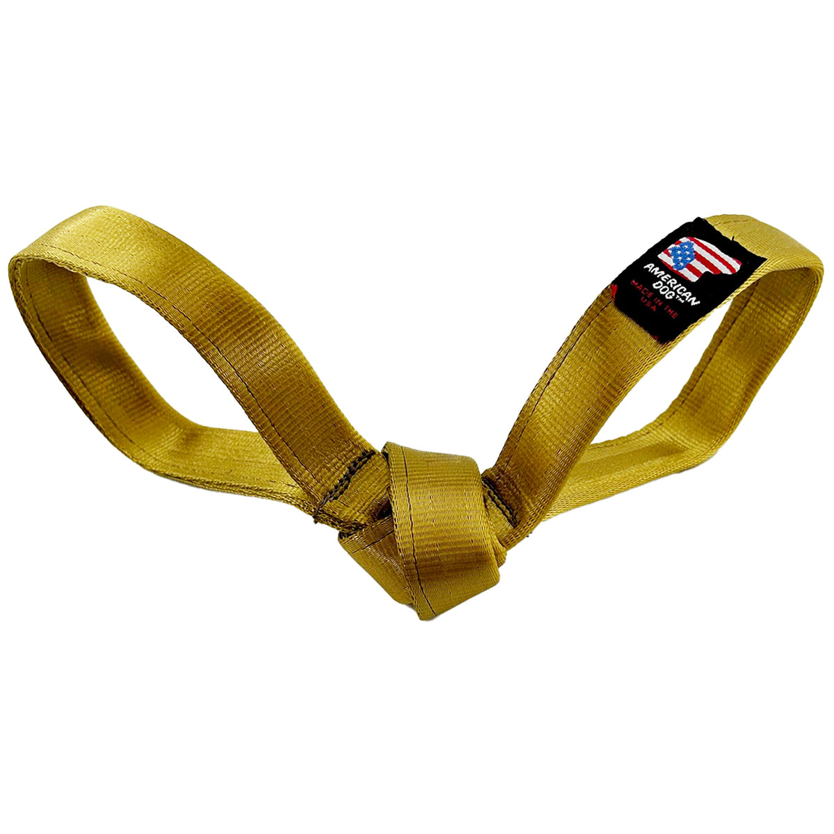 Golden Snitch Tug dog toy by American Dog, gold seatbelt webbing with two tug loops and a knotted center