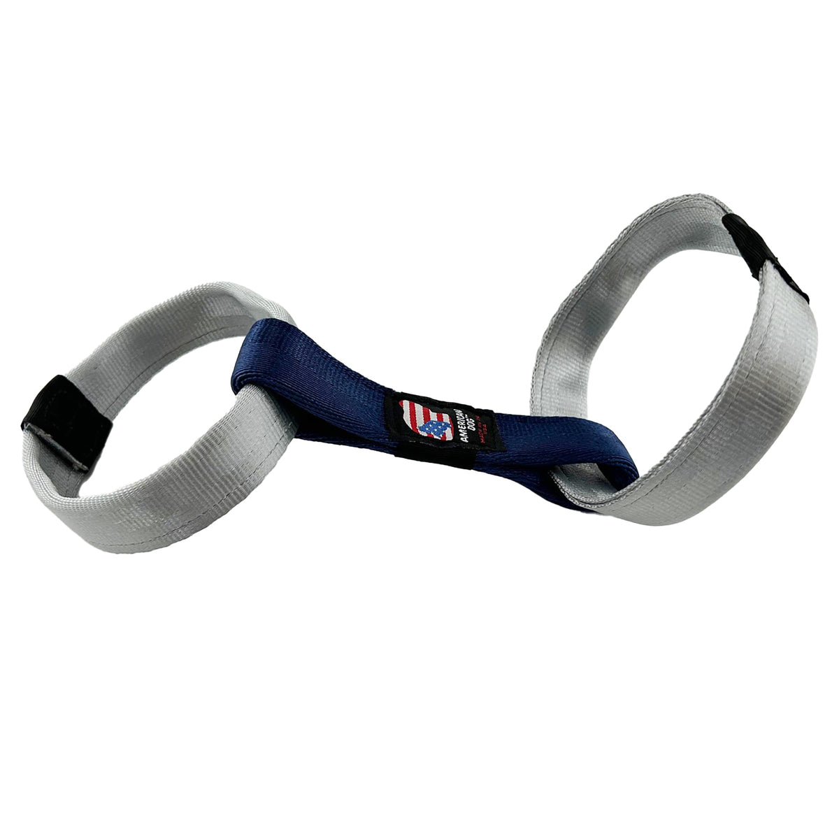 Loop to Loop Seatbelt Tug dog toy by American Dog in silver and blue seatbelt webbing with two loops and a center band