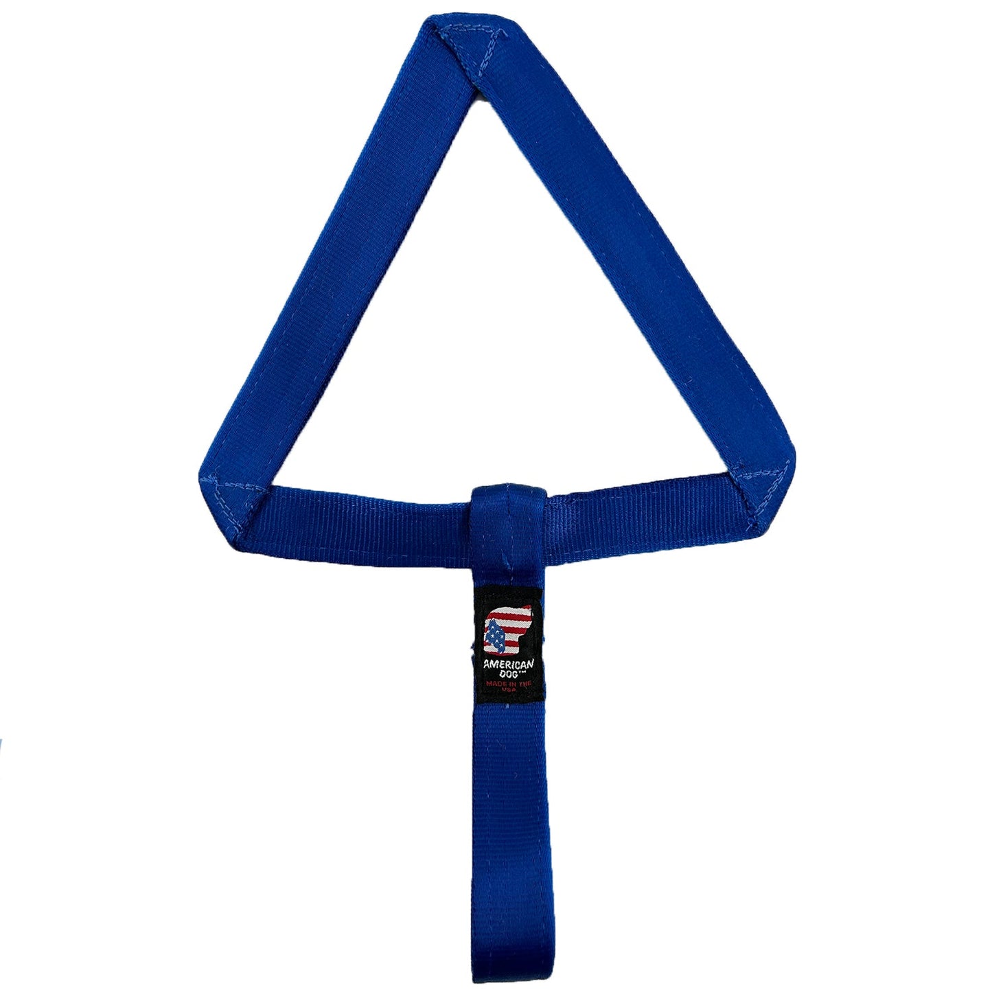 Arrow Seatbelt Tug dog toy by American Dog, blue seatbelt webbing in a triangle arrow shape with a looped handle