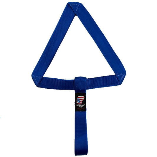 Arrow Seatbelt Tug dog toy by American Dog, blue seatbelt webbing in a triangle arrow shape with a looped handle