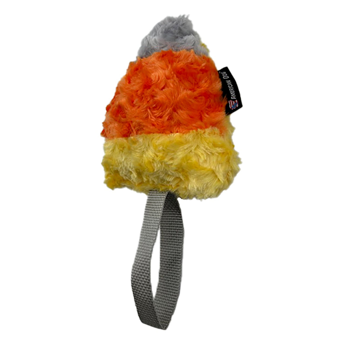 Candy Corn Plushie dog toy by American Dog, silver, orange and yellow minky fleece with a silver web tug handle