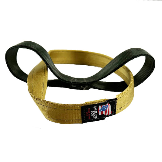 Celtic Knot Seatbelt Tug dog toy by American Dog, gold ring with a dark green double loop