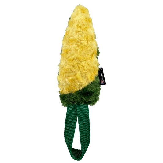 Corn Tug Plushie dog toy by American Dog, yellow and green minky fleece corn with a green web tug handle