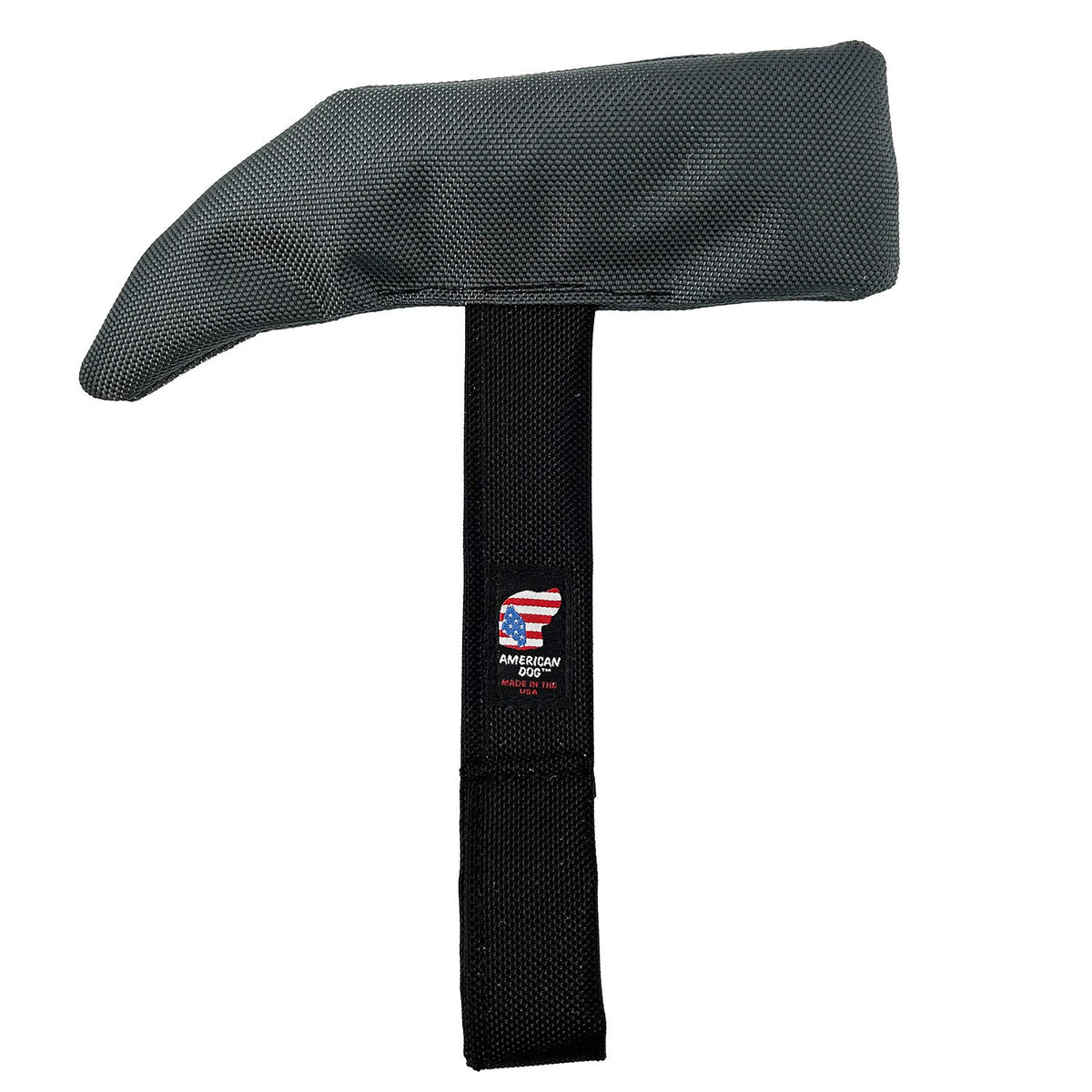 Hammer Tug dog toy by American Dog, gray ballistic nylon hammer head with a black loop handle
