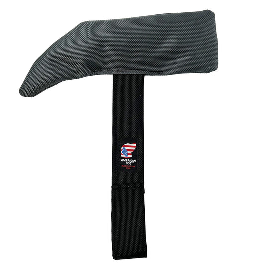 Hammer Tug dog toy by American Dog, gray ballistic nylon hammer head with a black loop handle