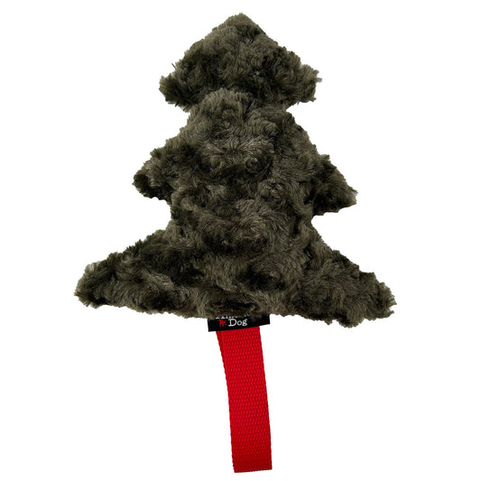 Lucky Dog Holiday Tree Tug Plushie dog toy by American Dog, a green minky fleece tree with a five inch red tug handle