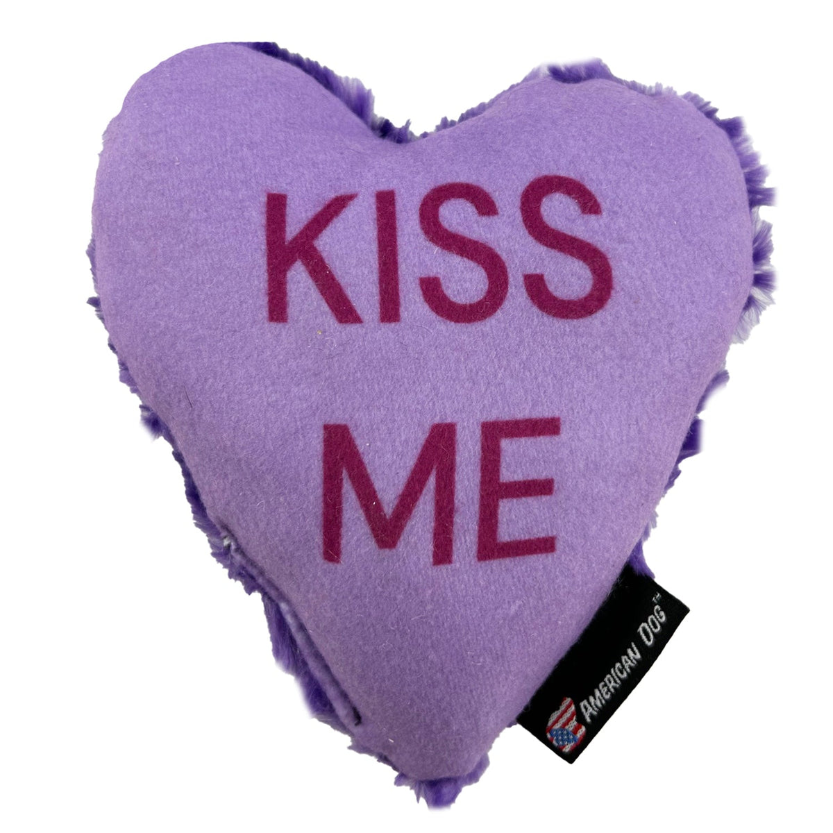 Conversation Hearts dog toy by American Dog, purple minky fleece heart printed with Kiss Me
