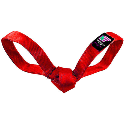 Love Bird Seatbelt Tug dog toy by American Dog in red seatbelt webbing with two loops and a knotted center