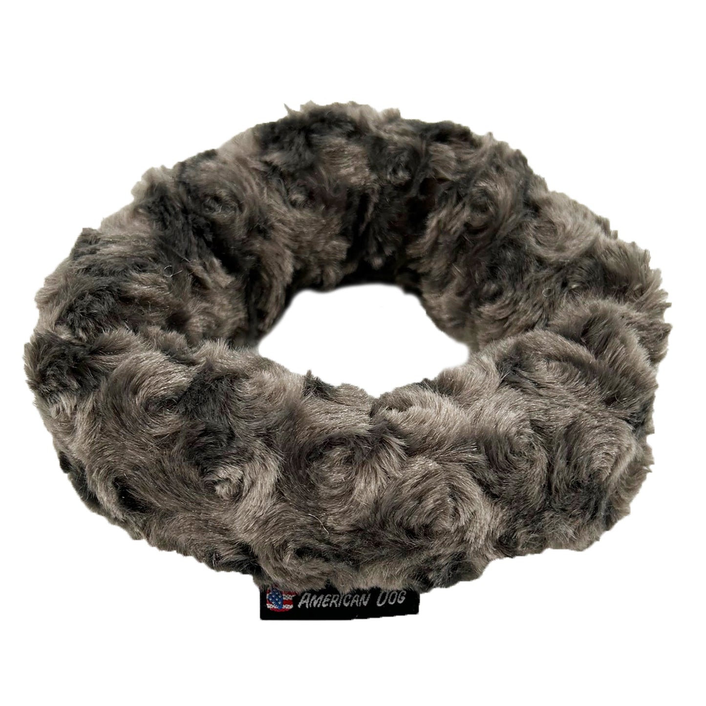 Ring Tug Plushie dog toy by American Dog, charcoal minky fleece ring