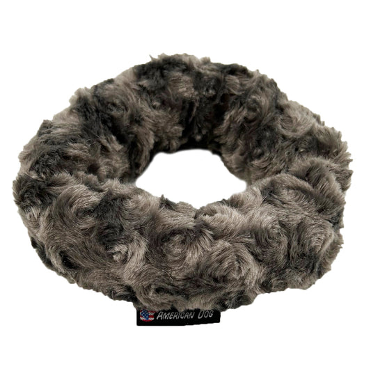 Ring Tug Plushie dog toy by American Dog, charcoal minky fleece ring