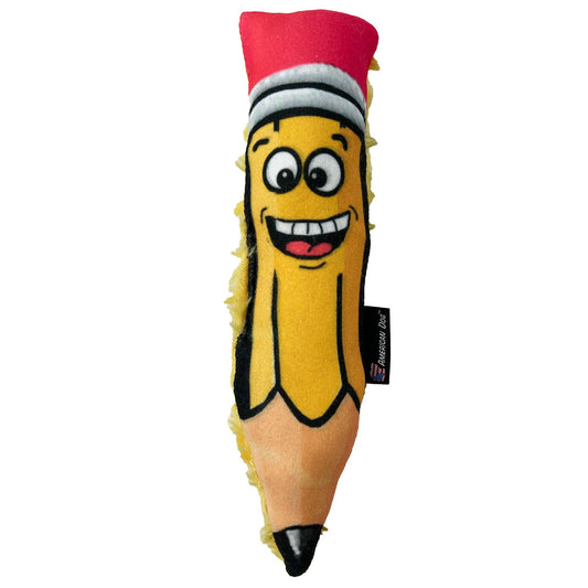 Pencil Plushie dog toy by American Dog, yellow minky fleece pencil with a cartoon smiley face
