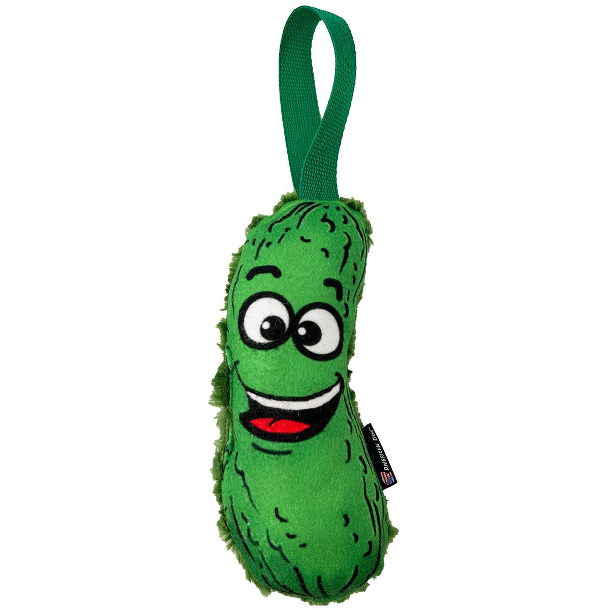 Pickle Plushie Tug dog toy by American Dog, green minky fleece pickle with a cartoon face and a green tug handle