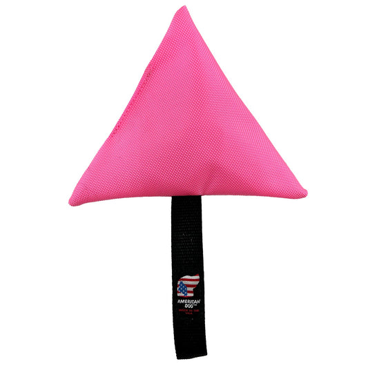 Pink Triangle Tug dog toy by American Dog in pink 1680 ballistic fabric with a black web handle