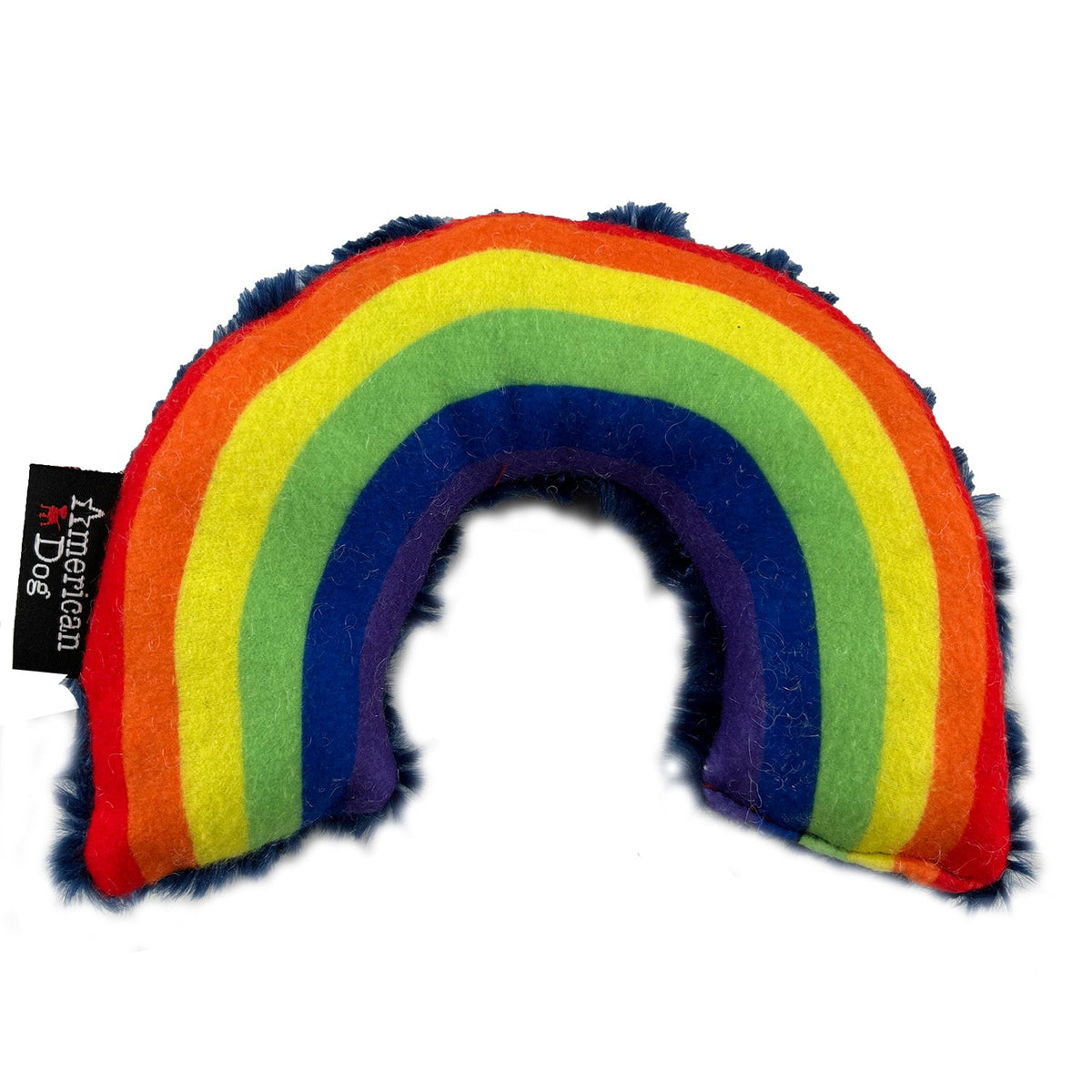 Lucky Dog Rainbow Plushie dog toy by American Dog in rainbow striped minky fleece
