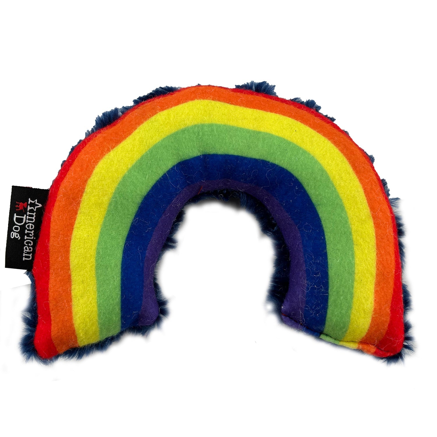 Lucky Dog Rainbow Plushie dog toy by American Dog in rainbow striped minky fleece