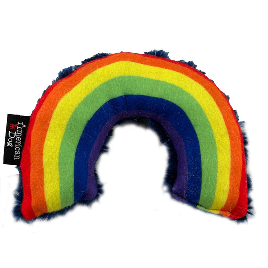 Lucky Dog Rainbow Plushie dog toy by American Dog in rainbow striped minky fleece