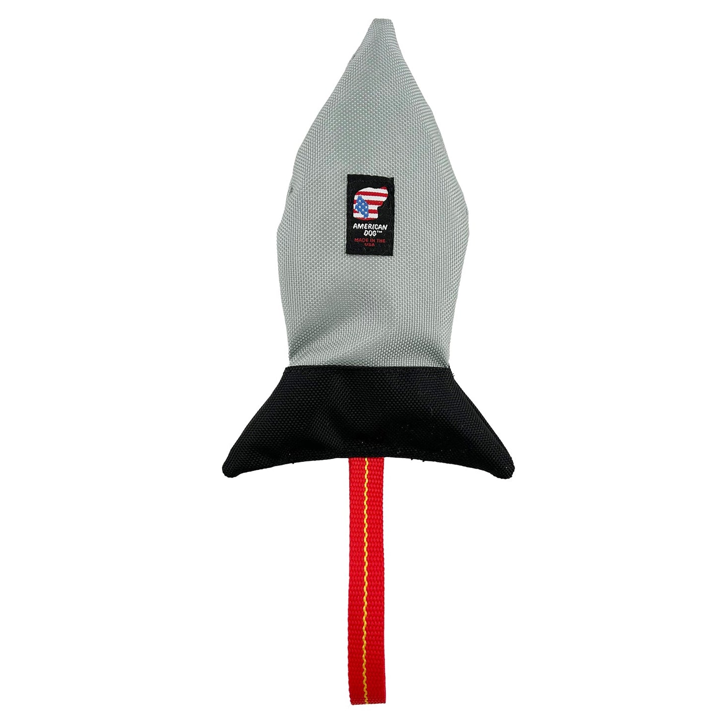 Rocket Ship Tug dog toy by American Dog in silver and black ballistic nylon with a red dual fold handle