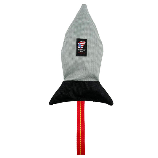 Rocket Ship Tug dog toy by American Dog in silver and black ballistic nylon with a red dual fold handle