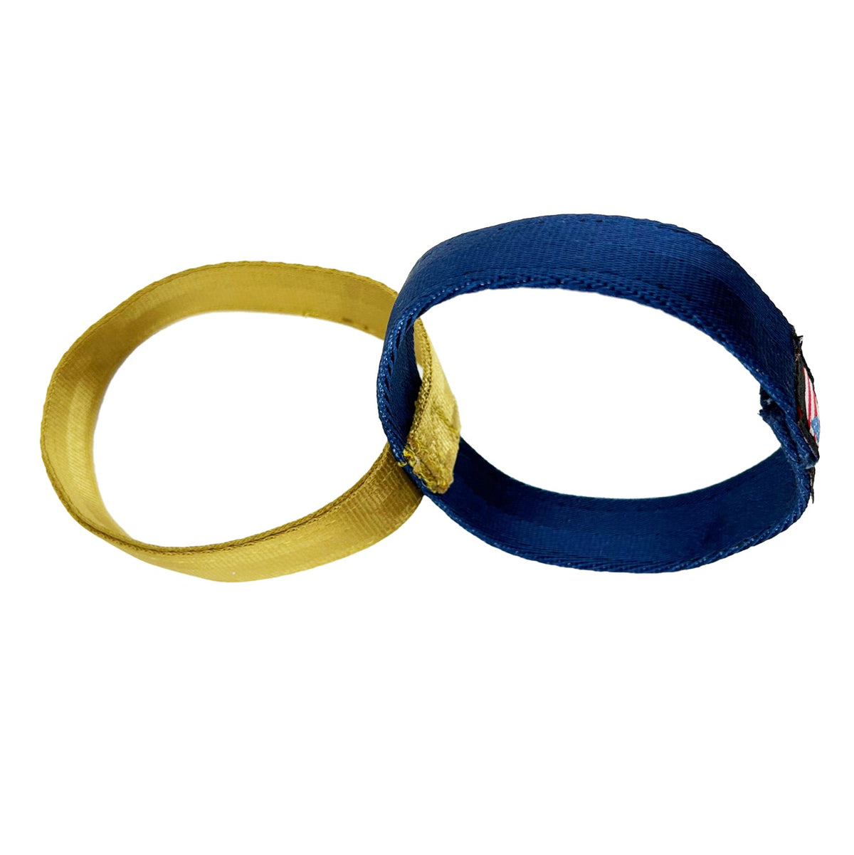 Cuff Seatbelt Tug dog toy by American Dog with two connected gold and blue seatbelt webbing rings