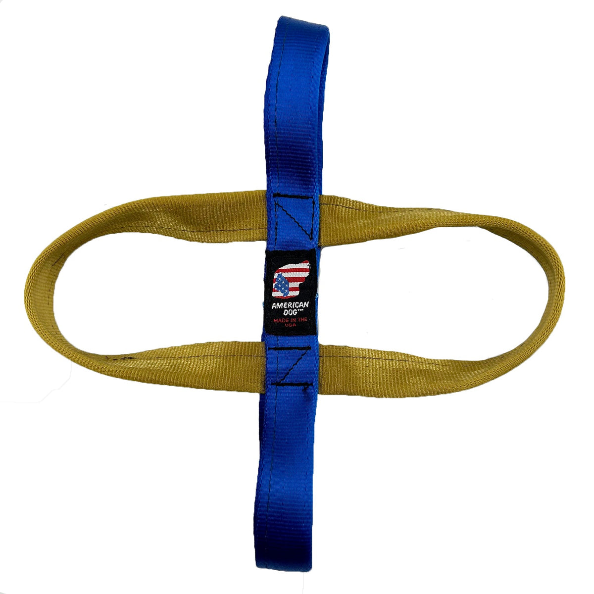 T-n-T Seatbelt Tug dog toy by American Dog, blue and gold seatbelt webbing loops that bisect