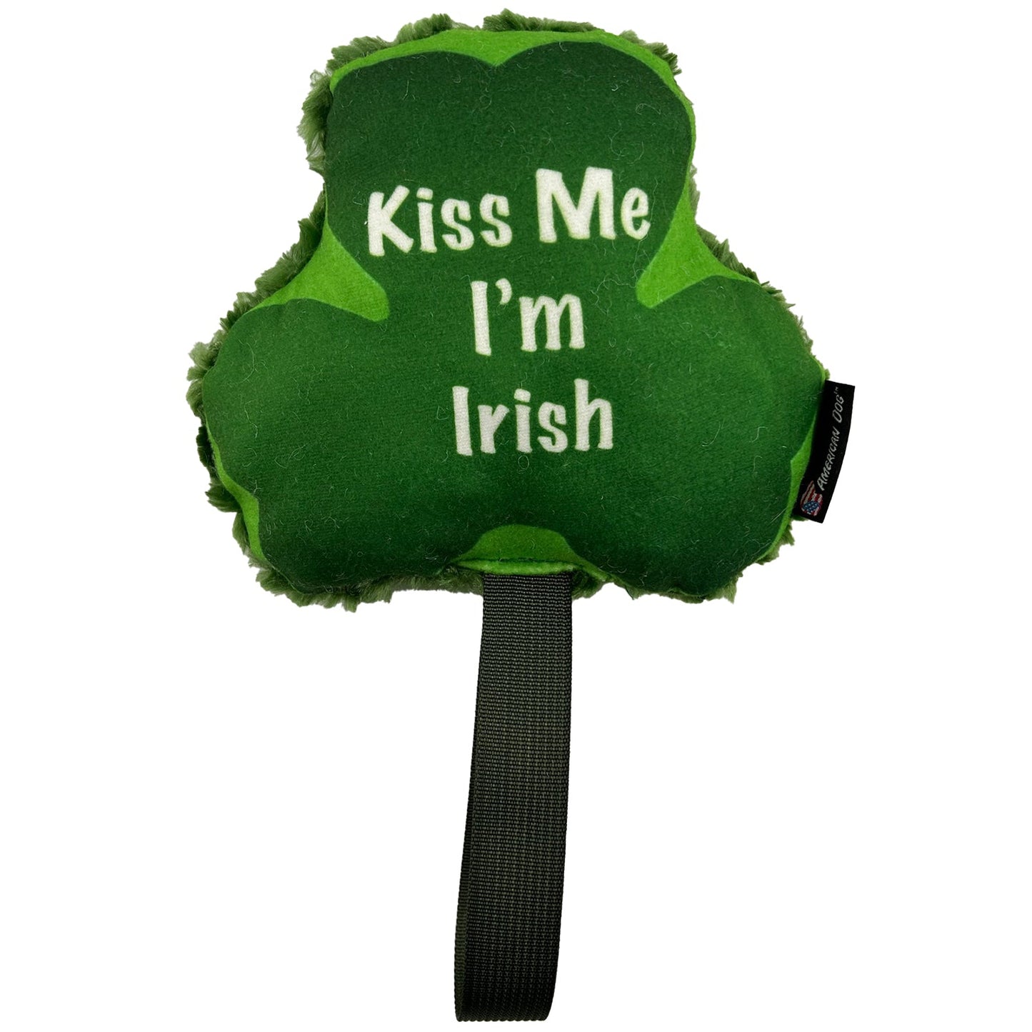 Shamrock Tug dog toy by American Dog, green minky fleece shamrock with a green tug handle