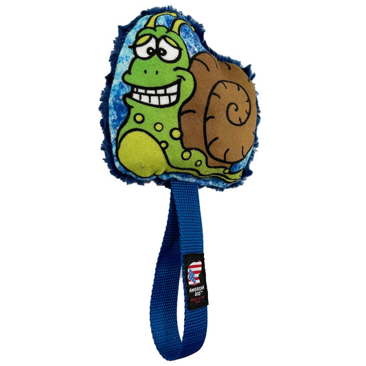 Snail Tug Plushie dog toy by American Dog in green minky fleece with a brown spiral shell and blue web tug handle