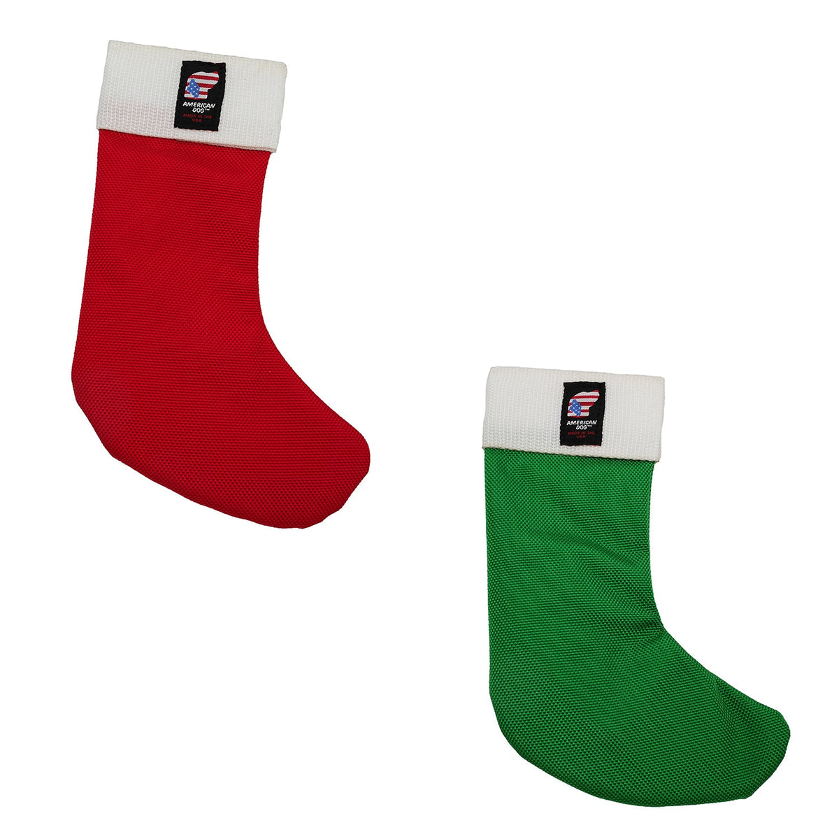 Holiday Stocking dog toy by American Dog in red and green 1680 ballistic fabric shaped like a Christmas stocking