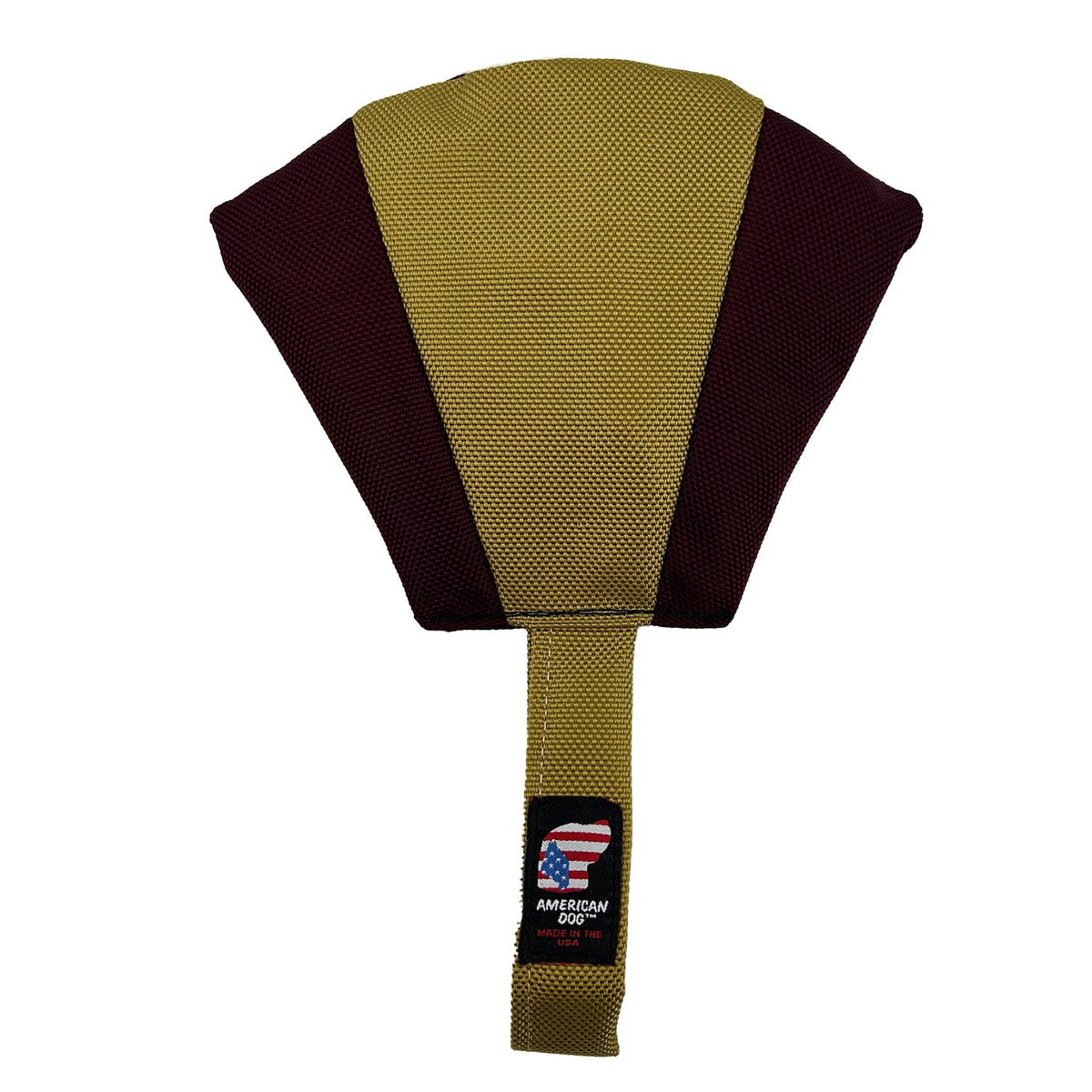 Turkey Tail Tug dog toy by American Dog, maroon and gold ballistic nylon fan shape with a dual fold handle