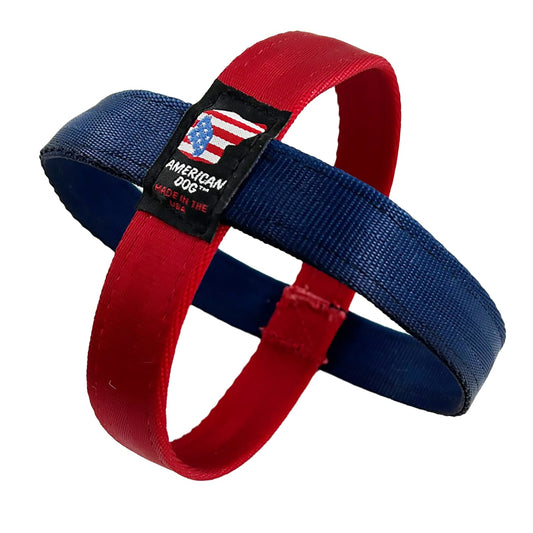 Two Tone Ring Ball Seatbelt Tug dog toy by American Dog made from two 5 inch two tone seatbelt webbing rings