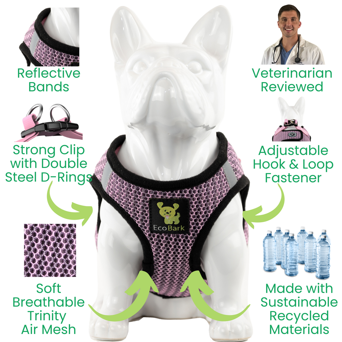 Lilac Pink Step-In Dog Harness, Reflective Mesh, Teacup to XL