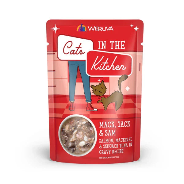 Cats in the Kitchen Mack Jack and Sam salmon mackerel tuna wet cat food pouch, 3oz