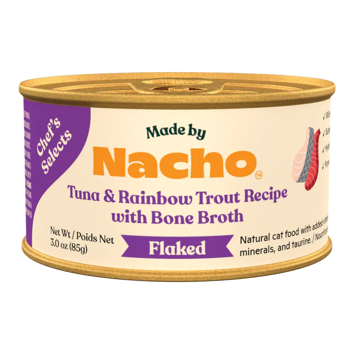 Made By Nacho Flaked Tuna & Rainbow Trout wet cat food can, 3oz