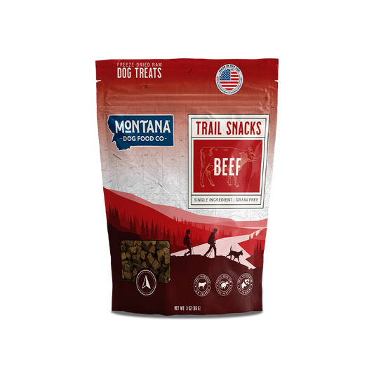 Beef Heart Trail Snacks bag, 3 oz, Montana Dog Food Co, sold through Sniff and Shift