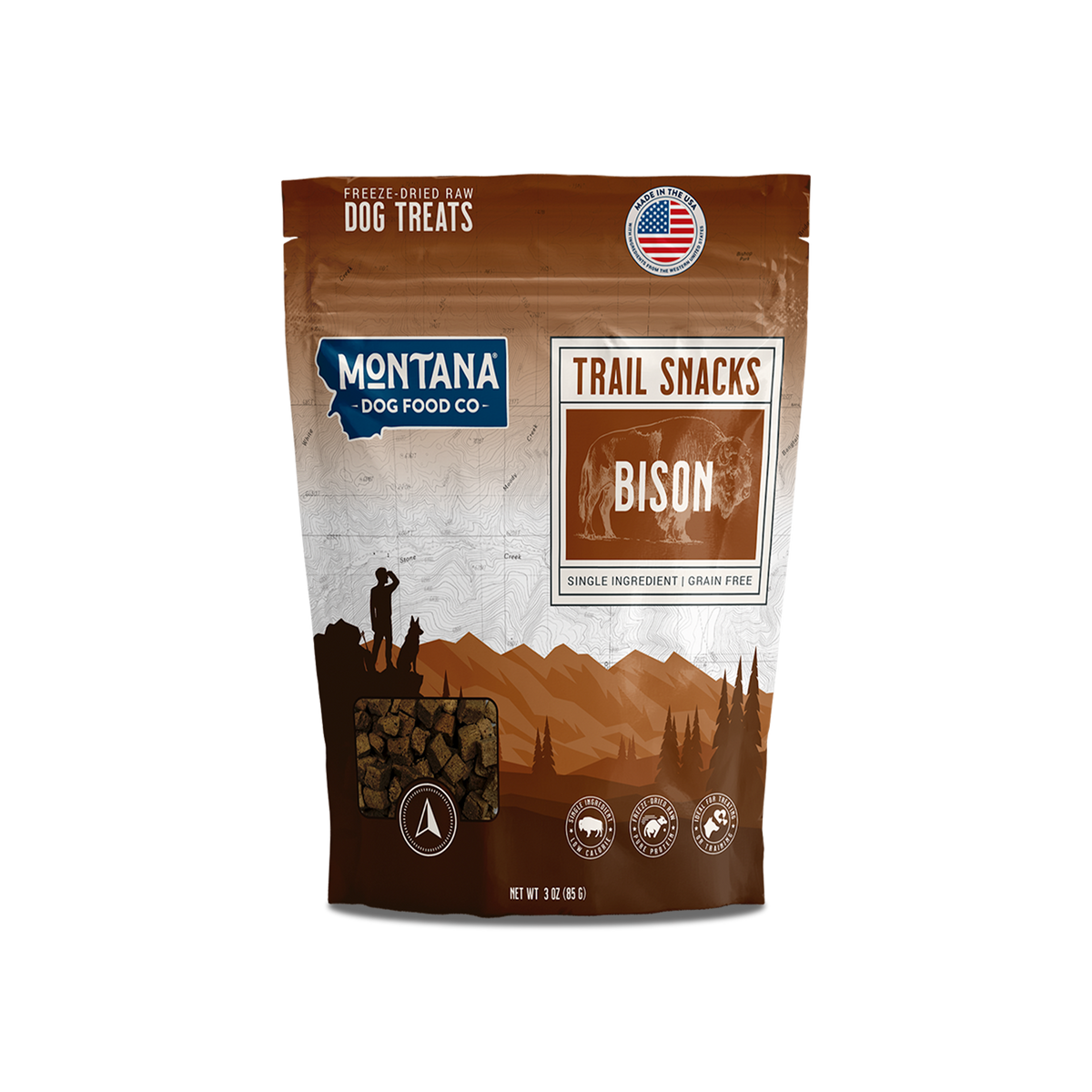 Bison Liver Trail Snacks bag, 3 oz, Montana Dog Food Co, sold through Sniff and Shift