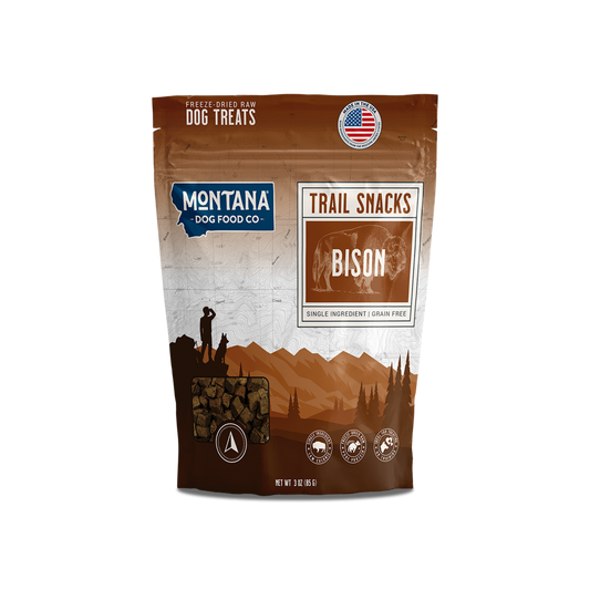 Bison Liver Trail Snacks bag, 3 oz, Montana Dog Food Co, sold through Sniff and Shift