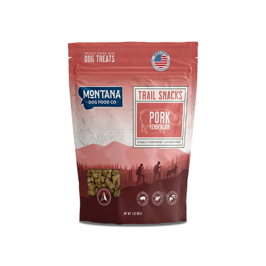 Pork Tenderloin Trail Snacks bag, 3 oz, Montana Dog Food Co, sold through Sniff and Shift